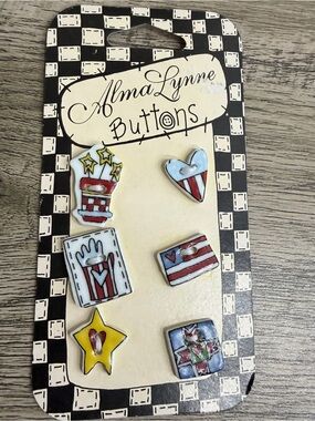 Vintage Alma Lynne Ceramic Buttons Heart USA Flag Stars Red White Blue NEW Card